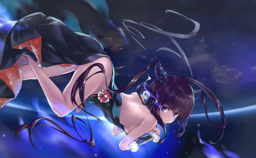1girl ass bangs bare_shoulders black_dress blue_eyes blunt_bangs blush breasts china_dress chinese_clothes commentary_request detached_sleeves dress eyebrows_visible_through_hair fate/grand_order fate_(series) hair_ornament highres long_hair looking_at_viewer purple_hair shionji_ax sidelocks solo thighs twintails very_long_hair yang_guifei_(fate/grand_order)