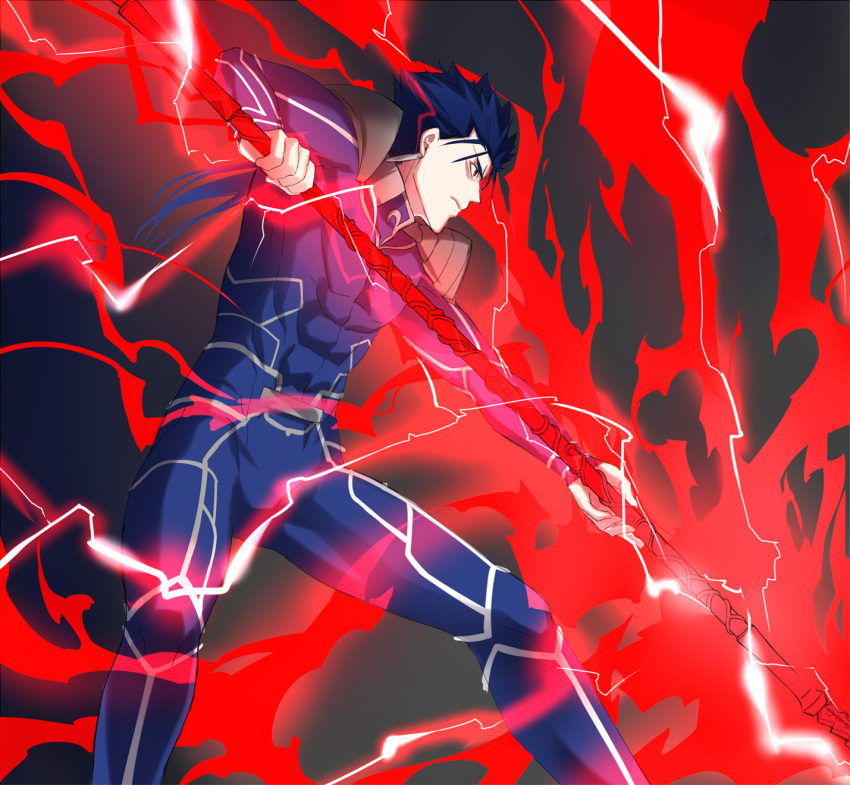 1boy blue_hair bodysuit cu_chulainn_(fate)_(all) earrings electricity fate/stay_night fate_(series) fighting_stance gae_bolg highres jewelry lancer male_focus pauldrons polearm ponytail solo spear weapon ycco_(estrella)