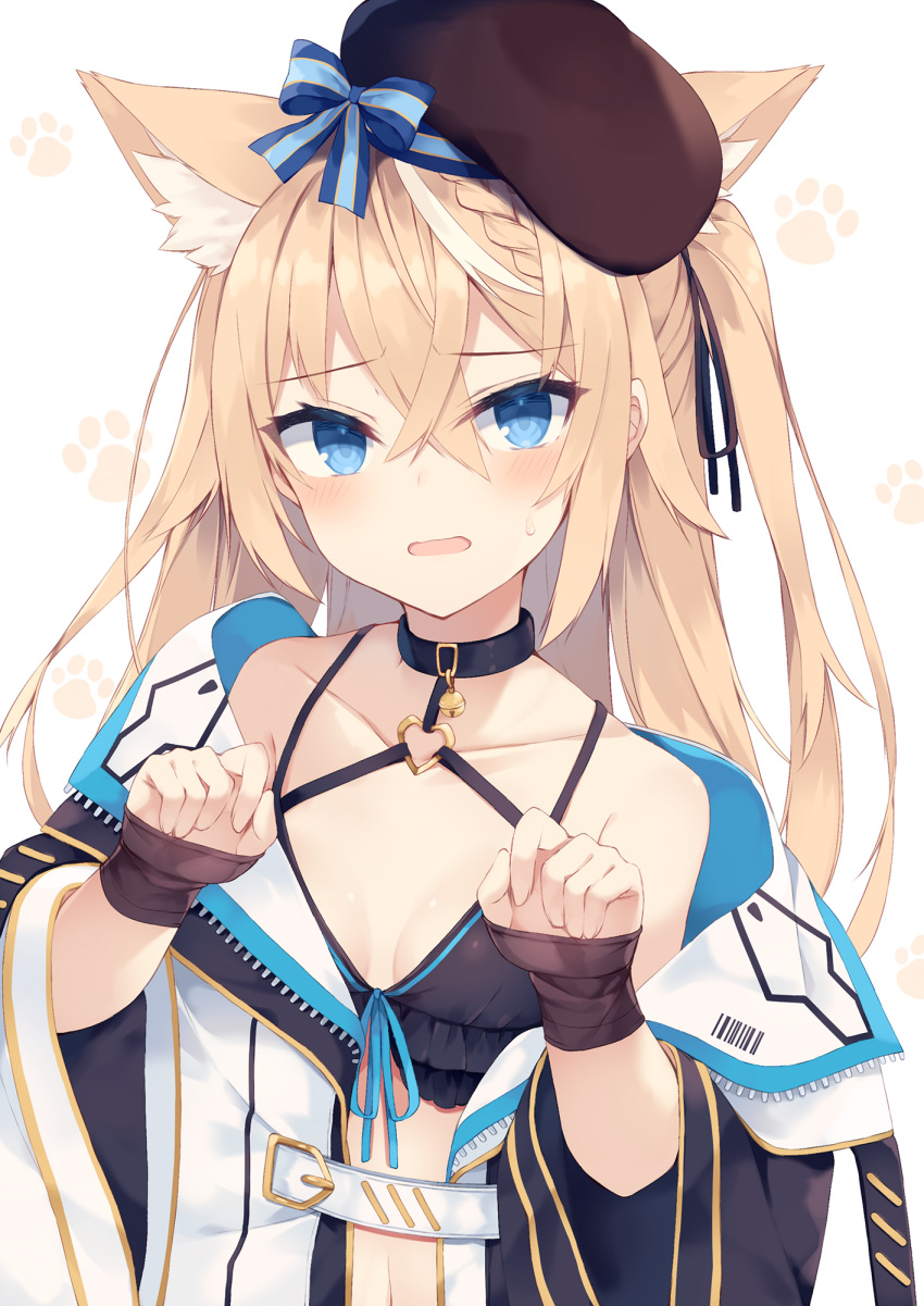 1girl animal_ear_fluff animal_ears bangs bare_shoulders bikini black_bikini black_headwear blonde_hair blue_eyes braid breasts choker collarbone crossed_bangs fox_ears hair_between_eyes hair_ribbon highres jacket long_hair looking_at_viewer multicolored_hair nibiiro_shizuka off_shoulder one_side_up open_clothes open_jacket open_mouth original paw_pose ribbon simple_background small_breasts solo streaked_hair sweat swimsuit upper_body white_background wide_sleeves