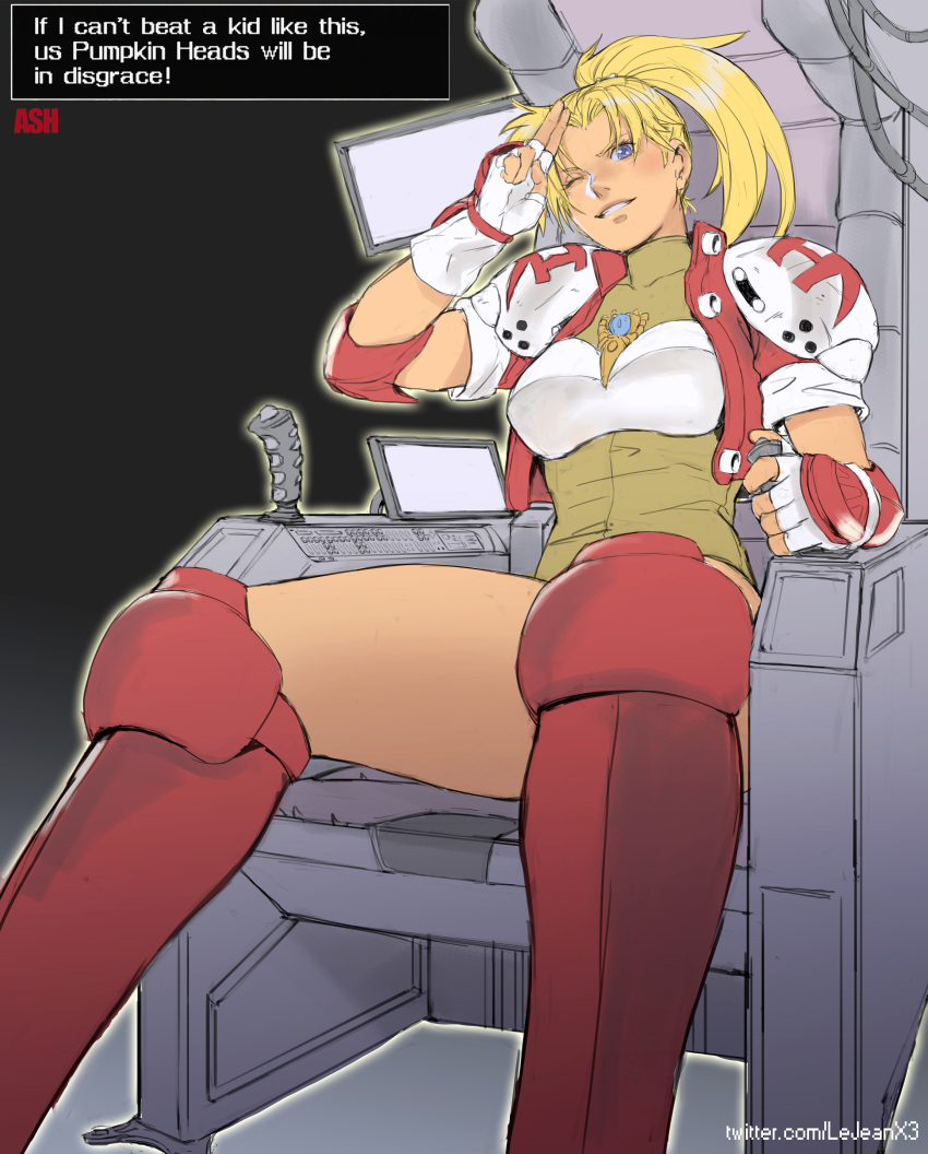 1girl absurdres blonde_hair breasts commission commissioner_upload english_text fingerless_gloves gloves gunners_heaven highres long_hair looking_at_viewer one_eye_closed rapid_reload rejean_dubois smile solo