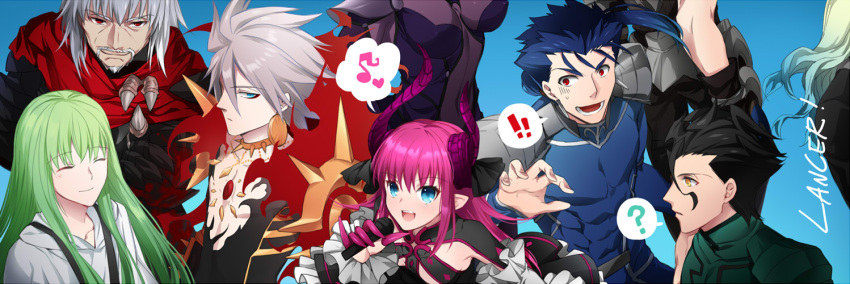 ! 1other 2girls 5boys armor black_hair blue_hair bodysuit cu_chulainn_(fate)_(all) cu_chulainn_(fate/prototype) elizabeth_bathory_(fate) elizabeth_bathory_(fate)_(all) enkidu_(fate/strange_fake) fang fate/apocrypha fate/extra fate/extra_ccc fate/grand_order fate_(series) horns karna_(fate) lancer lancer_(fate/zero) lancer_of_black microphone multiple_boys multiple_girls musical_note pink_hair purple_hair red_eyes scathach_(fate)_(all) scathach_(fate/grand_order) spoken_exclamation_mark spoken_musical_note trait_connection vlad_iii_(fate/apocrypha) vlad_iii_(fate/extra) ycco_(estrella) yellow_eyes
