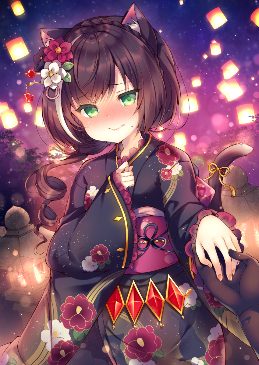 1girl animal_ear_fluff animal_ears bangs black_gloves black_hair black_kimono blush braid cat_ears cat_girl cat_tail closed_mouth eyebrows_visible_through_hair fang fang_out fingernails floral_print flower frilled_sleeves frills gloves green_eyes hair_between_eyes hair_flower hair_ornament hatsumoude highres japanese_clothes kimono kyaru_(princess_connect) lantern long_hair long_sleeves looking_at_viewer multicolored_hair night night_sky nose_blush obi out_of_frame outdoors princess_connect! princess_connect!_re:dive print_kimono red_flower ribbon ringlets sash sky sleeves_past_wrists solo_focus star_(sky) starry_sky streaked_hair suzunone_rena sweat tail tail_raised tail_ribbon textless wavy_mouth white_flower white_hair wide_sleeves yellow_ribbon