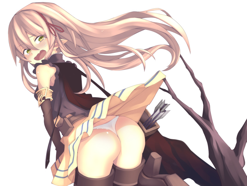 1girl arisa_(shadowverse) arrow blackxxx blonde_hair boots branch elbow_gloves elf gloves green_eyes highres long_hair open_mouth panties pointy_ears quiver shadowverse skirt skirt_lift sleeveless solo thigh-highs thigh_boots underwear