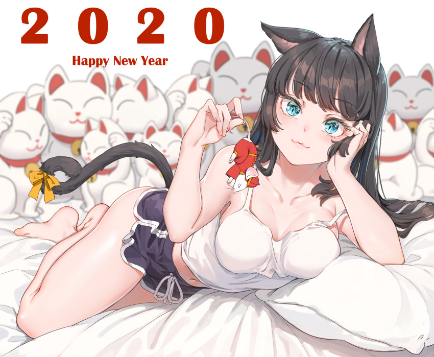 1girl 2020 :3 animal animal_ears bare_arms bare_shoulders barefoot black_hair black_shorts blue_eyes blurry boyshorts breasts camisole cat_ears cat_girl cat_tail cheek_rest commentary_request fangxiang_cuoluan happy_new_year highres large_breasts long_hair looking_at_viewer maneki-neko midriff mouse navel new_year original pillow shirt short_shorts shorts sleeveless sleeveless_shirt solo tail thighs white_shirt