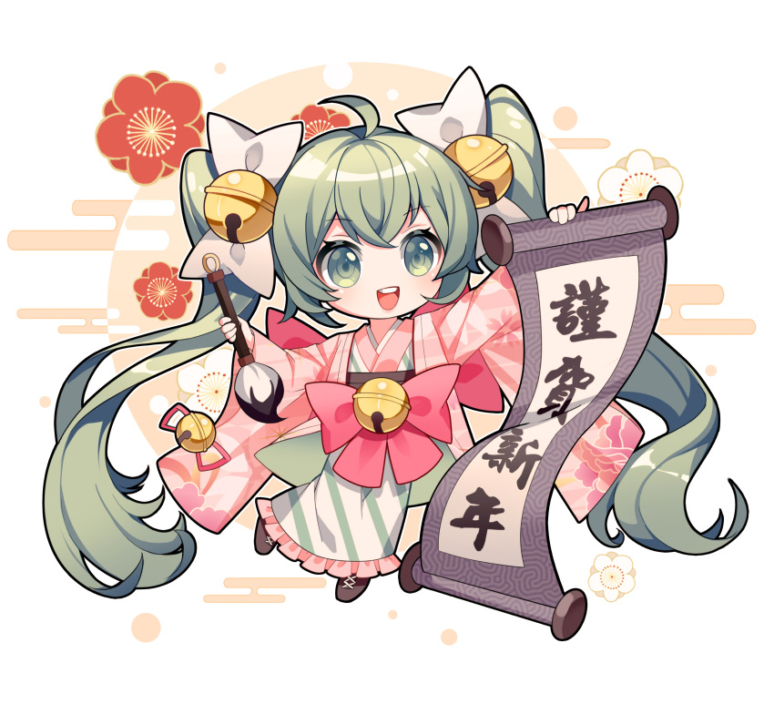 1girl ahoge bell calligraphy calligraphy_brush calligraphy_scroll cherry_blossoms chibi cloud_background commentary egasumi english_commentary floral_print flower full_body full_moon green_eyes green_hair hair_bell hair_ornament happi happy_new_year hatsune_miku highres holding_brush holding_scroll japanese_clothes kazenemuri kimono long_hair moon new_year open_mouth paintbrush scroll smile solo translated twintails very_long_hair vocaloid