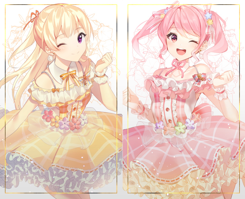 2girls ;) ;d bang_dream! bangs blonde_hair center_frills clenched_hand clenched_hands detached_collar dress floral_background flower frilled_dress frills hair_ribbon half-closed_eyes hand_up hands_up highres long_hair looking_at_viewer maruyama_aya multiple_girls neck_ribbon one_eye_closed open_mouth pink_dress pink_eyes pink_flower pink_hair pink_neckwear pom_pom_earrings red_flower red_ribbon ribbon ribbon-trimmed_dress shirasagi_chisato sidelocks smile striped striped_ribbon twintails violet_eyes white_flower wrist_cuffs yellow_dress yellow_flower yellow_neckwear yuhi_(hssh_6)