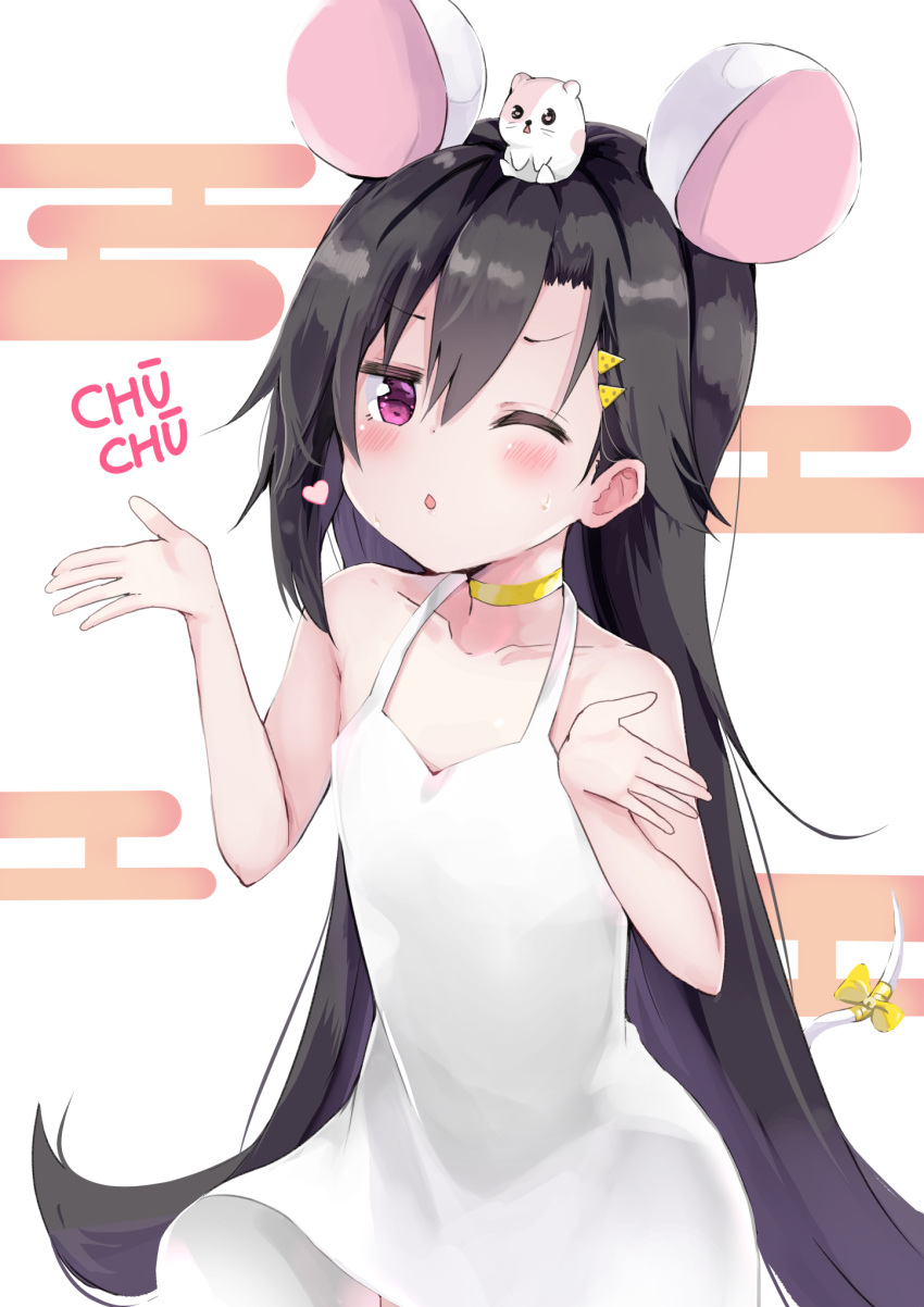 1girl amano_kouki animal animal_ears animal_on_head bangs bare_arms bare_shoulders black_hair blush bow cheese_hair_ornament chinese_zodiac choker collarbone commentary_request dress egasumi eyebrows_visible_through_hair hair_between_eyes hair_ornament heart highres kemonomimi_mode long_hair mouse mouse_ears mouse_girl mouse_tail note-chan on_head one_eye_closed original parted_lips red_eyes romaji_text sleeveless sleeveless_dress solo tail tail_bow very_long_hair white_dress year_of_the_rat yellow_bow yellow_choker
