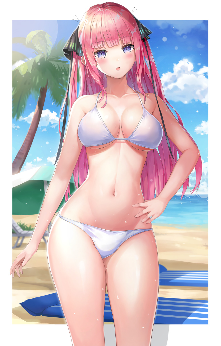 1girl absurdres bangs beach bikini black_ribbon blue_sky blunt_bangs blush breasts clouds collarbone day eyebrows_visible_through_hair fishking go-toubun_no_hanayome hair_ribbon hand_on_hip highres large_breasts long_hair looking_at_viewer nakano_nino navel ocean open_mouth outdoors palm_tree parasol pink_hair ribbon sand sky solo swimsuit tree umbrella violet_eyes white_bikini