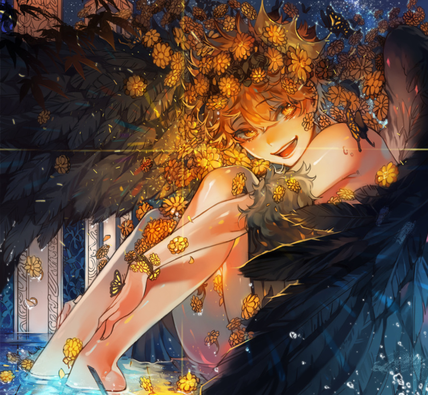 1boy animal animal_on_hand bangs bare_arms bare_legs bare_shoulders barefoot bioluminescence black_wings bug butterfly butterfly_on_hand crown eyebrows_visible_through_hair feathered_wings feathers flower glowing haikyuu!! hair_flower hair_ornament hand_on_leg hayanse highres hinata_shouyou insect looking_at_viewer male_focus open_mouth orange_eyes orange_hair partially_submerged short_hair sitting solo teeth water wings yellow_flower