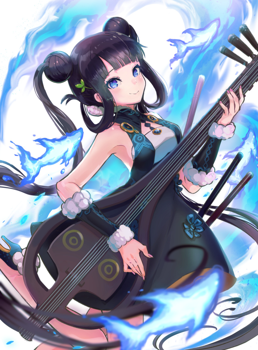 1girl bangs bare_shoulders black_dress blue_eyes blue_fire blunt_bangs blush breasts closed_mouth detached_sleeves double_bun dress fate/grand_order fate_(series) fire fish flute hair_ornament high_heels highres instrument kachin leaf long_hair looking_at_viewer medium_breasts pipa_(instrument) simple_background smile solo very_long_hair white_background yang_guifei_(fate/grand_order)