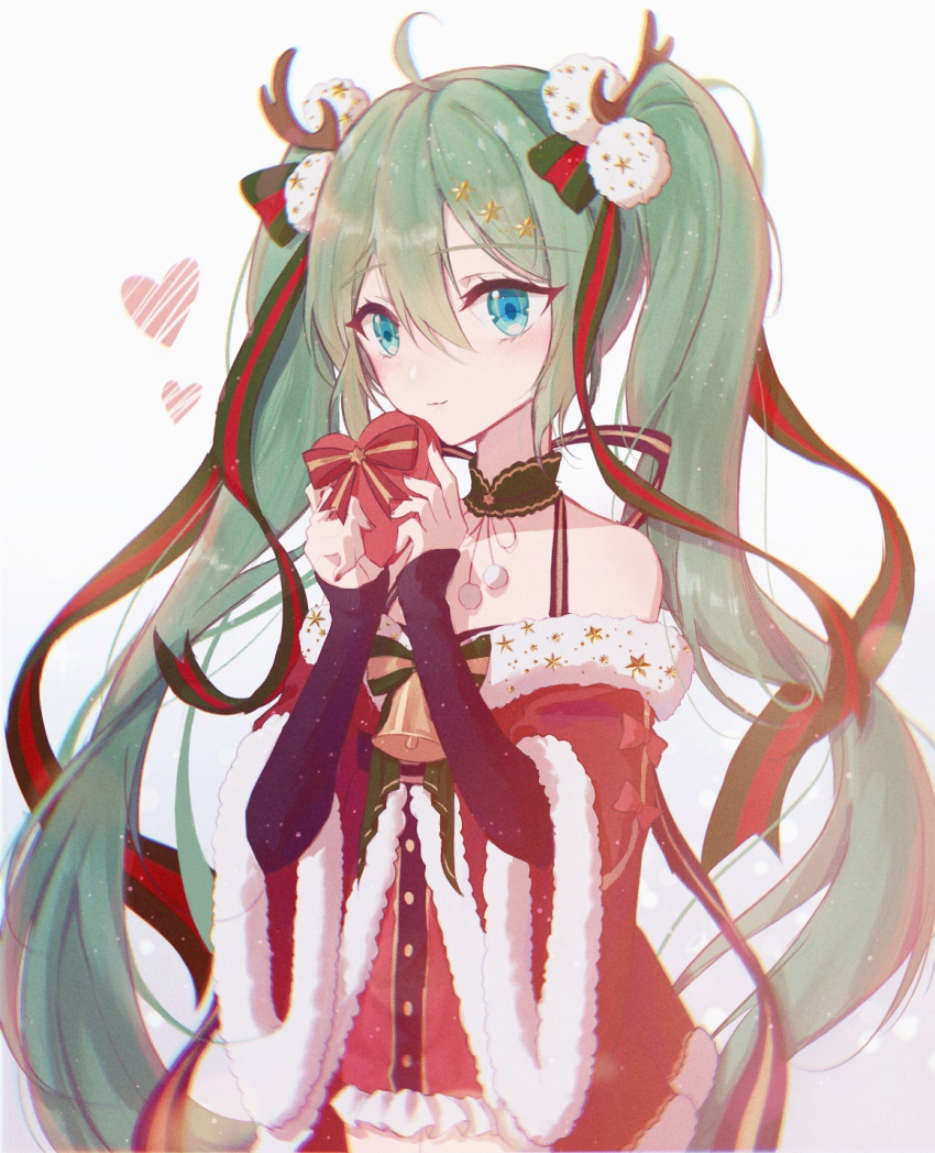 1girl ahoge aqua_eyes bell christmas gift green_hair hair_between_eyes hair_ribbon hatsune_miku heart highres holding holding_gift long_hair osagelts1213 ribbon solo twintails very_long_hair vocaloid white_background wide_sleeves