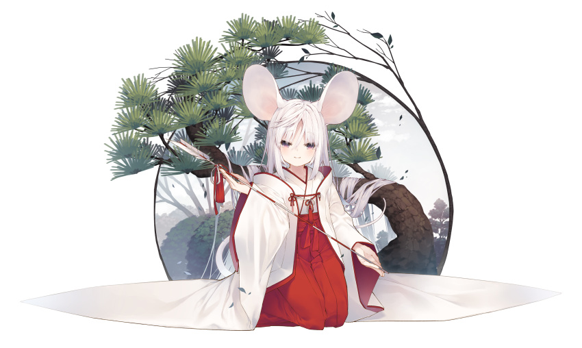 1girl absurdres animal_ears arrow bangs blush closed_mouth commentary_request eyebrows_visible_through_hair hair_between_eyes hakama hamaya highres holding holding_arrow japanese_clothes kimono kneeling long_hair miko mouse_ears mouse_girl mouse_tail original red_eyes red_hakama red_ribbon ribbon smile solo tail tokuno_yuika tree very_long_hair white_hair white_kimono white_ribbon