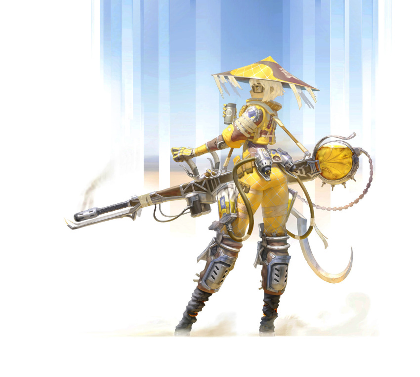 1girl agoto ass blue_sky brown_eyes brown_legwear day desert flamethrower gloves goggles hat highres holding holding_weapon knee_pads looking_to_the_side outdoors profile scout simple_background sky smoke standing weapon white_hair yellow_gloves yellow_headwear