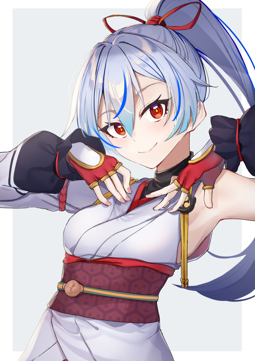 1girl armpits bangs bare_shoulders blue_hair breasts closed_mouth commentary_request eyebrows_visible_through_hair fate/grand_order fate_(series) fingerless_gloves gloves gradient_hair grey_background hair_between_eyes hair_ribbon hands_up high_ponytail highres japanese_clothes kimono long_hair looking_at_viewer multicolored_hair nail_polish obi pink_nails ponytail red_eyes red_gloves red_ribbon ribbon sash silver_hair single_sleeve small_breasts smile solo streaked_hair tapioka_(oekakitapioka) tomoe_gozen_(fate/grand_order) two-tone_background upper_body white_background white_kimono