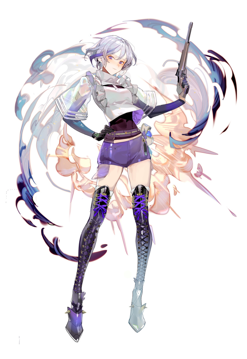 1girl boots contender_(girls_frontline) girls_frontline gloves gun hand_on_hip happytreefriendspikapika high_heel_boots high_heels highres navel purple_hair purple_shorts short_hair shorts silver_hair skin_tight smile violet_eyes weapon white_gloves