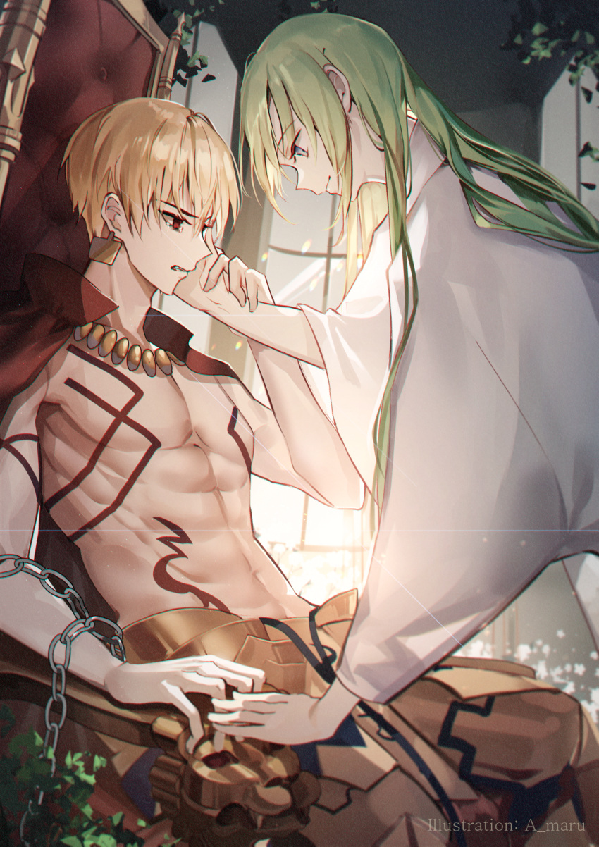 1boy 1other androgynous artist_name bangs blonde_hair chain earrings enkidu_(fate/strange_fake) eyebrows_visible_through_hair fate/grand_order fate_(series) gilgamesh green_eyes green_hair highres jewelry long_hair male_focus necklace red_eyes robe smile solo tattoo tears topless unity_(ekvmsp02)