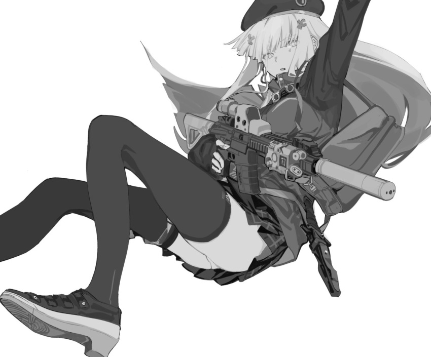 1girl :o arm_up ass assault_rifle bag bangs beret blunt_bangs breasts checkered checkered_skirt collar eyebrows_visible_through_hair eyes_visible_through_hair floating floating_hair girls_frontline grey_legwear gun h&amp;k_hk416 hair_between_eyes hair_ornament hat highres hk416_(girls_frontline) holding holding_gun holding_weapon jacket legs long_hair long_sleeves looking_at_viewer monochrome open_mouth panties rifle scope shoes simple_background skirt sneakers solo suiso_(owp) suppressor thigh-highs underwear weapon white_background white_panties