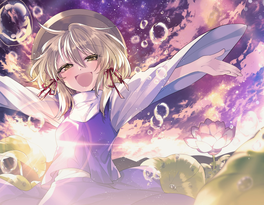 1girl bangs blonde_hair blush clouds commentary_request eyebrows_visible_through_hair flower hair_ribbon hat highres katayama_kei lens_flare lily_pad long_sleeves moriya_suwako open_mouth outdoors outstretched_arms purple_skirt purple_vest red_ribbon ribbon shirt skirt sky smile solo sun touhou tress_ribbon turtleneck vest water_drop white_shirt yellow_eyes
