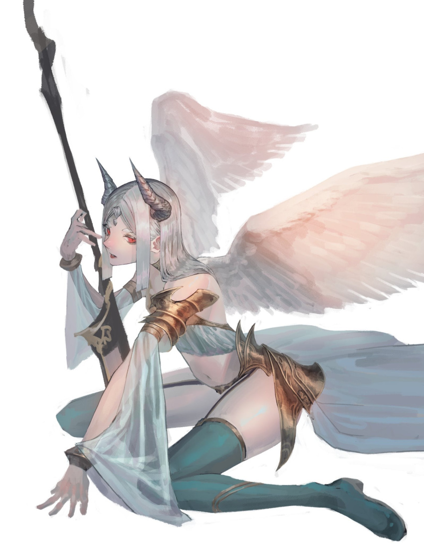 1girl angel_wings armor bare_shoulders feathered_wings highres horns kneeling lipstick long_hair makeup makitoshi0316 navel original parted_lips red_eyes red_lipstick see-through silver_hair simple_background solo weapon white_background wings