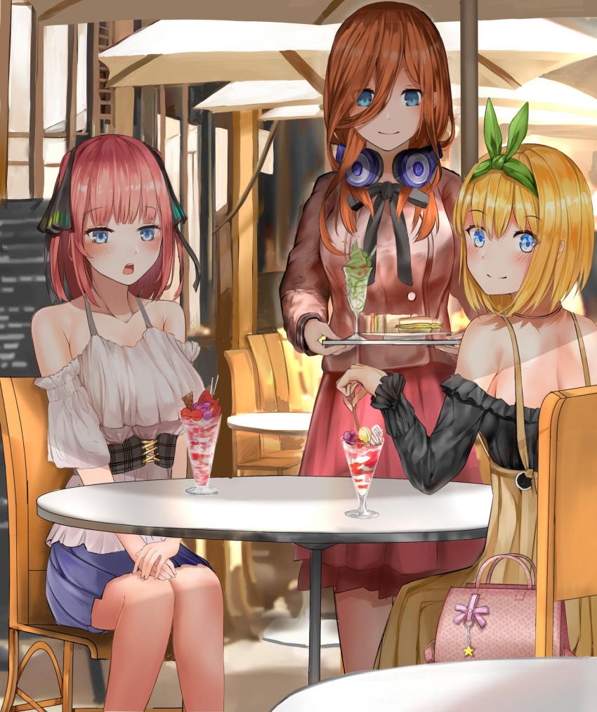 3girls back bag bangs bare_shoulders black_ribbon black_shirt blue_eyes blue_skirt blunt_bangs blurry blurry_background blush bob_cut breasts brown_hair brown_jacket cafe casual chair collarbone commentary_request detached_sleeves eyebrows_visible_through_hair food frilled_sleeves frills fruit go-toubun_no_hanayome green_hairband green_ribbon hair_between_eyes hair_ribbon hairband handbag headphones headphones_around_neck highres ice_cream jacket large_breasts long_hair long_skirt long_sleeves looking_at_viewer macaron menu_board multiple_girls nakano_miku nakano_nino nakano_yotsuba neck_ribbon off-shoulder_shirt off_shoulder open_mouth outdoors pink_hair pleated_skirt red_skirt ribbon sandwich shiranui_(nisioisin_sinob) shirt short_hair siblings sisters sitting skirt smile star strawberry sundae table two_side_up umbrella white_shirt white_sleeves