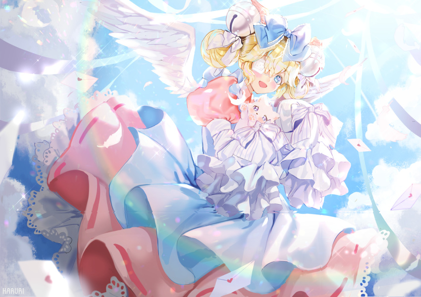 1girl :d animal bangs bell blonde_hair blue_dress blue_eyes blue_sky blush bow cat clouds commentary_request commission day double_bun dress envelope eyebrows_visible_through_hair eyepatch feathered_wings hair_bell hair_between_eyes hair_ornament heart jingle_bell long_sleeves looking_at_viewer love_letter medical_eyepatch mullpull open_mouth original outdoors pleated_dress puffy_short_sleeves puffy_sleeves ribbon short_over_long_sleeves short_sleeves signature sky sleeves_past_fingers sleeves_past_wrists smile solo striped striped_bow white_bow white_ribbon white_wings wings