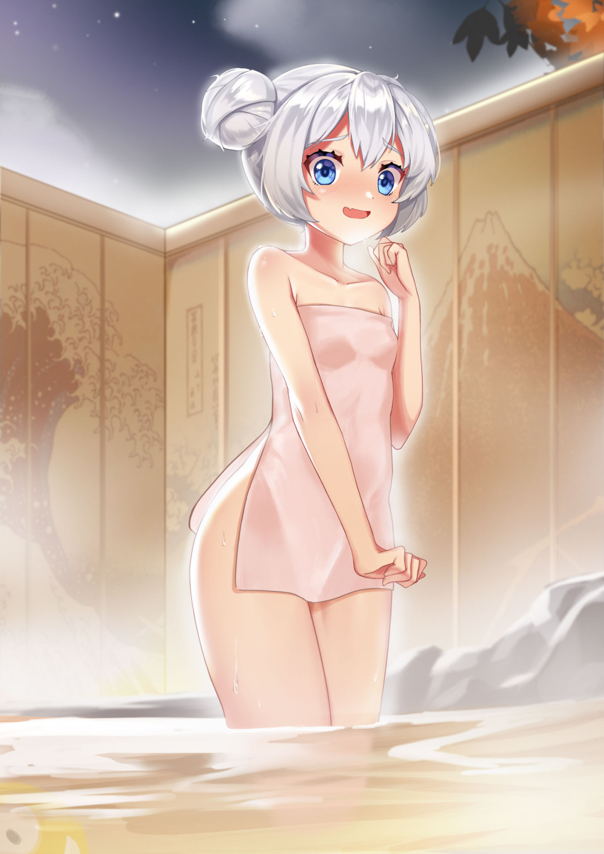 1girl :d bangs bare_arms bare_shoulders blue_eyes collarbone commentary_request eyebrows_visible_through_hair fang fence hair_between_eyes hair_bun hand_up highres honkai_(series) honkai_impact_3rd looking_at_viewer mo_ying_yu naked_towel night night_sky onsen open_mouth outdoors side_bun silver_hair sky smile solo standing star_(sky) starry_sky steam theresa_apocalypse towel water