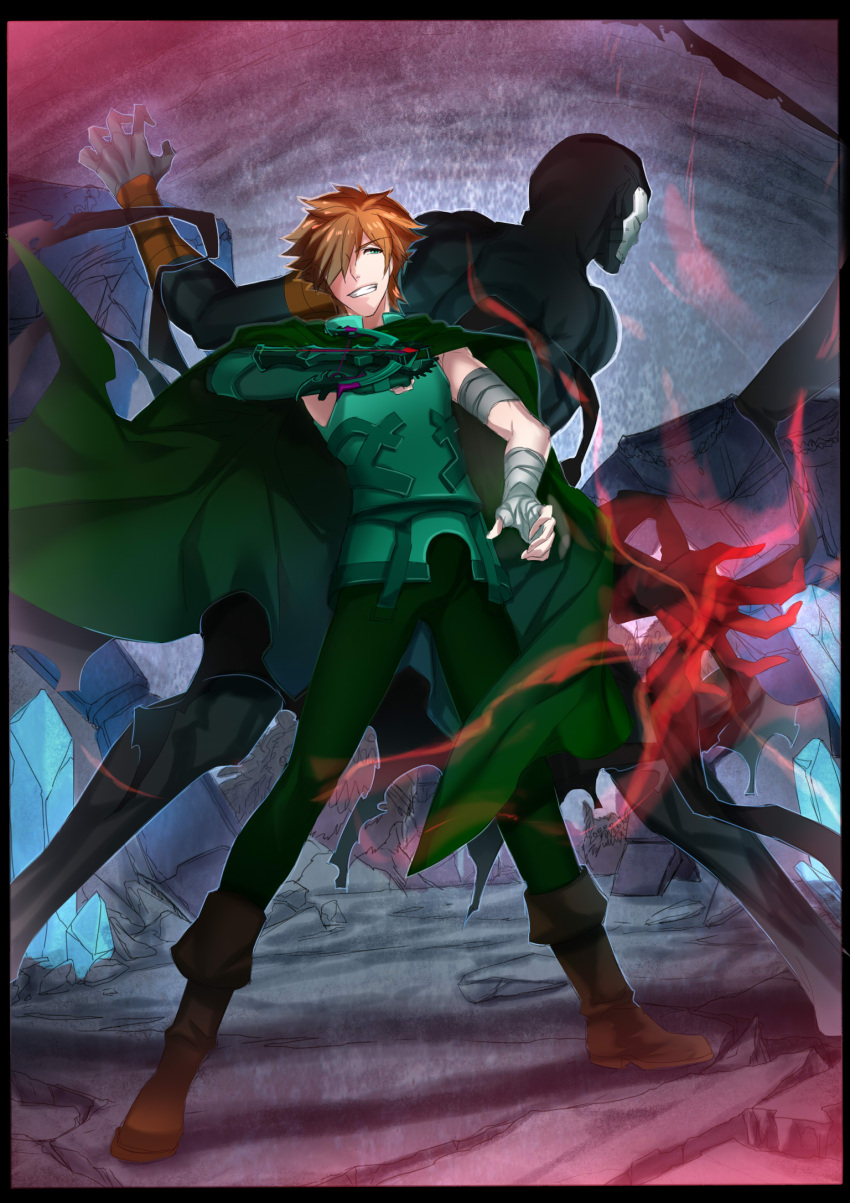 2boys back-to-back bandaged_arm bandages black_skin bow_(weapon) cape cave claws crossbow fate/extra fate/stay_night fate_(series) glowing glowing_hand green_cape green_eyes hair_over_one_eye highres mask multiple_boys orange_hair robin_hood_(fate) skull_mask spiky_hair true_assassin weapon ycco_(estrella) zabaniya_(fate)