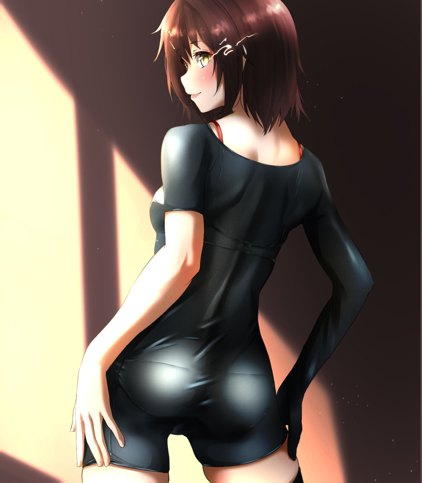 1girl ass black_bodysuit blush bodysuit bra bralines breasts brown_hair commentary_request cowboy_shot from_behind furutaka_(kantai_collection) glowing glowing_eye heterochromia highres kantai_collection looking_back pantylines red_bra remodel_(kantai_collection) short_hair single_sleeve small_breasts solo standing tama_(seiga46239239) underwear yellow_eyes