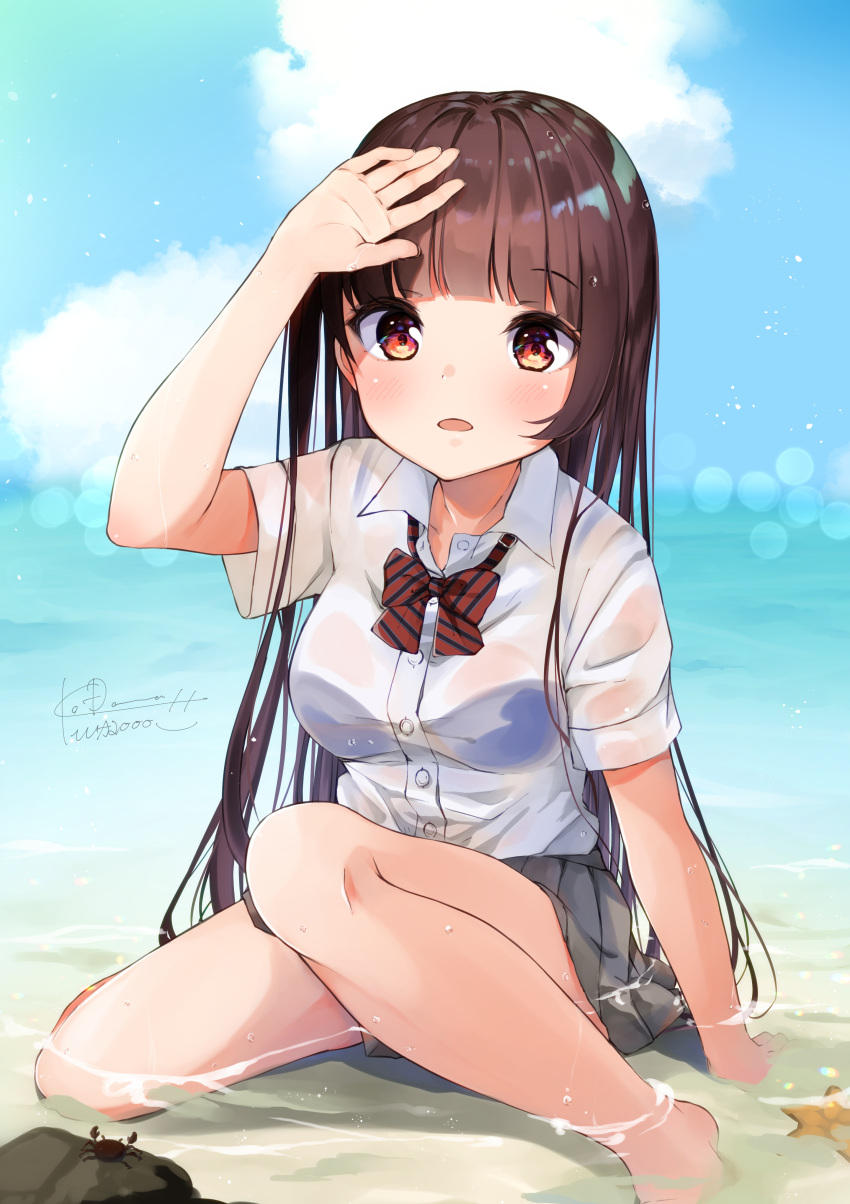 1girl absurdres bangs beach blue_sky bow bowtie bra clouds collared_shirt crab day diagonal-striped_neckwear diagonal_stripes dress_shirt girls_frontline grey_skirt highres kodama_(koda_mat) long_hair ocean outdoors pleated_skirt purple_hair red_eyes red_neckwear school_uniform see-through shirt short_sleeves skirt sky solo starfish striped striped_neckwear underwear wa2000_(girls_frontline) wet wet_clothes wet_shirt white_shirt