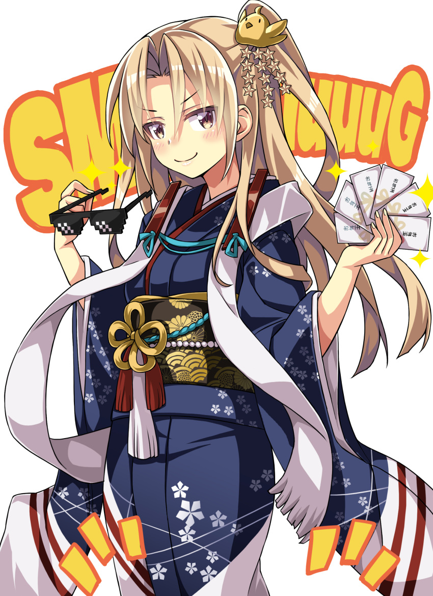 1girl absurdres alternate_eye_color american_flag_kimono azur_lane bangs blonde_hair cleveland_(azur_lane) cleveland_(new_year's_challenge!)_(azur_lane) closed_mouth commentary deal_with_it doyagao english_text envelope eyebrows_visible_through_hair highres holding holding_envelope holding_eyewear japanese_clothes kimono looking_at_viewer macaroni_hourensou new_year obi one_side_up sash sidelocks smile smug solo sunglasses yellow_eyes