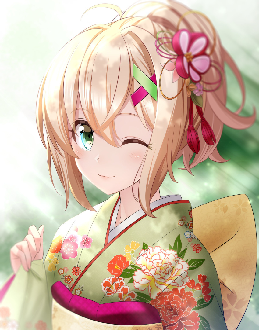 1girl absurdres akatsuki_kirika blonde_hair blush floral_print flower green_eyes green_kimono hair_flower hair_ornament highres japanese_clothes kimono looking_at_viewer new_year nyanmaru one_eye_closed senki_zesshou_symphogear shiny shiny_hair shiny_skin short_hair solo upper_body x_hair_ornament