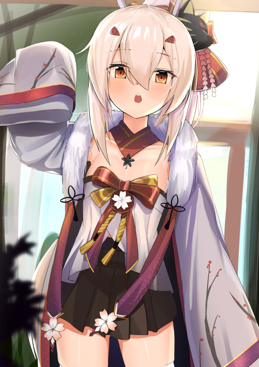 1girl ayanami_(azur_lane) ayanami_(pulse_of_the_new_year)_(azur_lane) azur_lane bangs black_skirt bow collarbone commentary_request eyebrows_visible_through_hair flat_chest fox_mask hair_between_eyes hair_bow hair_ornament highres kanzashi kyuuri_no_tsukemono looking_at_viewer mask mask_on_head open_mouth orange_eyes platinum_blonde_hair pleated_skirt ponytail red_bow ringed_eyes sidelocks skirt sleeves_past_fingers sleeves_past_wrists solo standing thighs tsumami_kanzashi very_long_sleeves