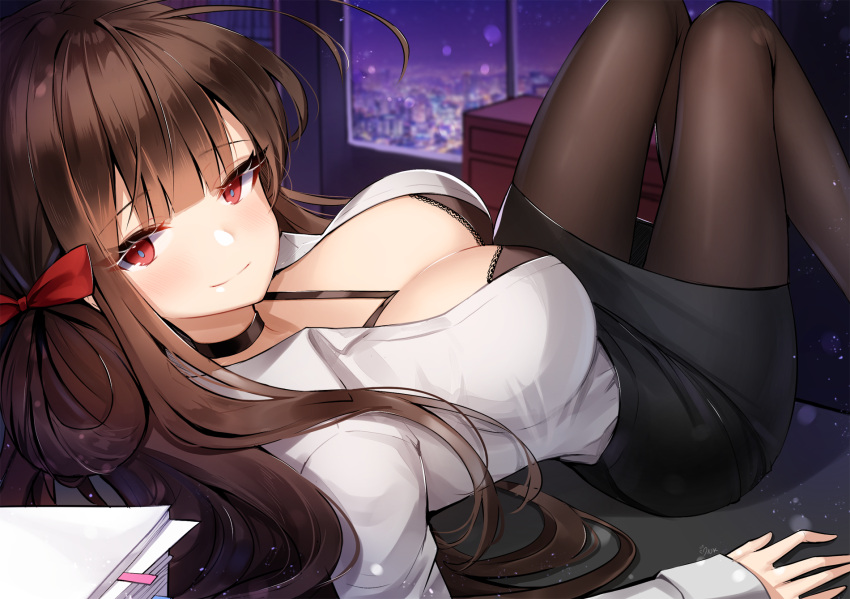 1girl ankkoyom artist_name bangs black_bra black_choker black_legwear black_skirt blunt_bangs bra breasts brown_hair choker commentary dsr-50_(girls_frontline) eyebrows_visible_through_hair from_side girls_frontline hair_ribbon highres large_breasts long_hair looking_at_viewer office_lady pantyhose paper pencil_skirt red_eyes red_ribbon ribbon shirt skirt sleeves_past_wrists smile solo underwear white_shirt