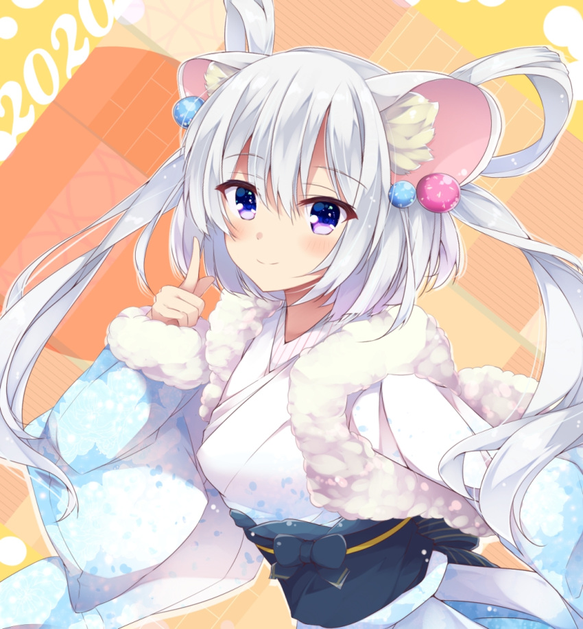 1girl 2020 animal_ear_fluff animal_ears bangs blush chinese_zodiac closed_mouth commentary_request eyebrows_visible_through_hair fur-trimmed_sleeves fur_trim fuuna hair_between_eyes hair_rings highres index_finger_raised japanese_clothes kimono long_hair long_sleeves mouse_ears obi original sash silver_hair sleeves_past_wrists smile solo two_side_up upper_body violet_eyes white_kimono year_of_the_rat
