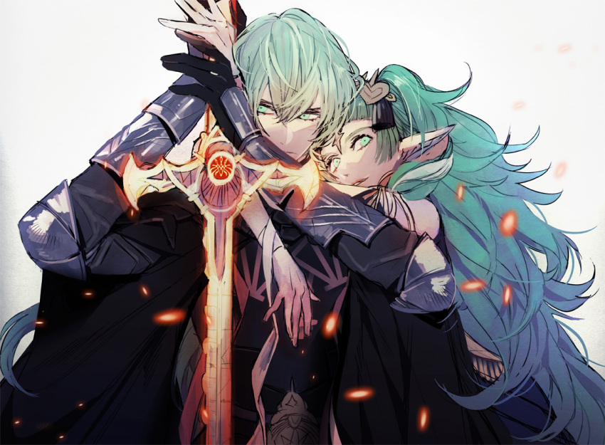 1boy 1girl armor black_gloves byleth_(fire_emblem) byleth_eisner_(male) closed_mouth fire_emblem fire_emblem:_three_houses gloves green_eyes green_hair hair_ornament holding holding_sword holding_weapon long_hair parted_lips pointy_ears short_hair simple_background sothis_(fire_emblem) sword tiara tokikayu upper_body weapon