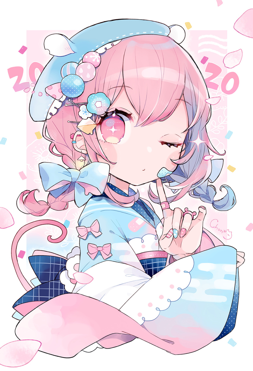 +_+ 1girl 2020 animal_ears animal_hat bandaid_on_cheek bandaid_on_finger blue_bow blue_flower blue_headwear blue_kimono blue_nails blush blush_stickers bow braid chon_(chon33v) closed_mouth commentary_request confetti cropped_torso egasumi fake_animal_ears fingernails floral_background flower hair_bow hair_flower hair_ornament hat highres index_finger_raised japanese_clothes kimono long_hair long_sleeves mouse_ears mouse_hat multicolored multicolored_nails nail_art nail_polish one_eye_closed original pink_eyes pink_hair pink_nails print_kimono signature sleeves_past_wrists solo twin_braids upper_body white_flower wide_sleeves