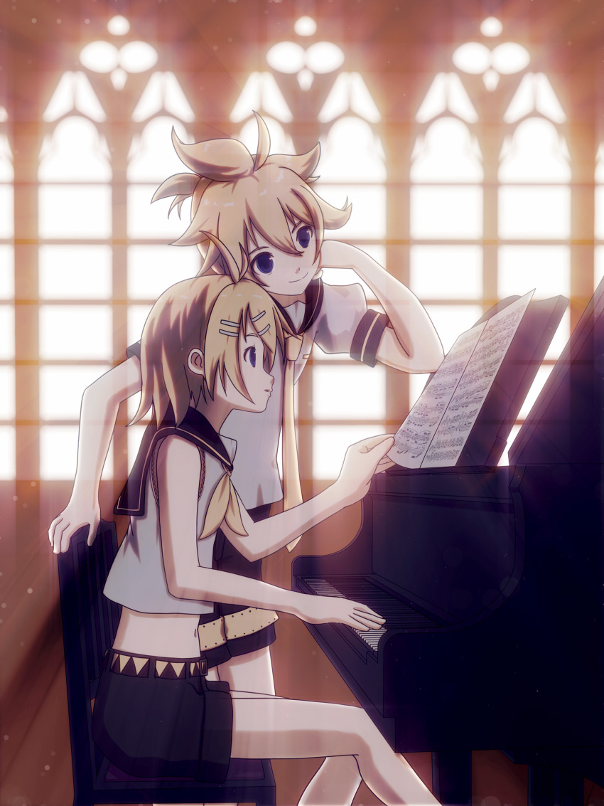 1boy 1girl backlighting bare_arms bare_shoulders blonde_hair blue_eyes blurry brother_and_sister cheek_rest crop_top grand_piano hair_ornament hairclip highres hirobakar instrument kagamine_len kagamine_rin music navel necktie parted_lips piano piano_bench playing_instrument playing_piano practicing sailor_collar sheet_music shirt shorts siblings sitting sleeveless sleeveless_shirt smile staff_(music) twins vocaloid window