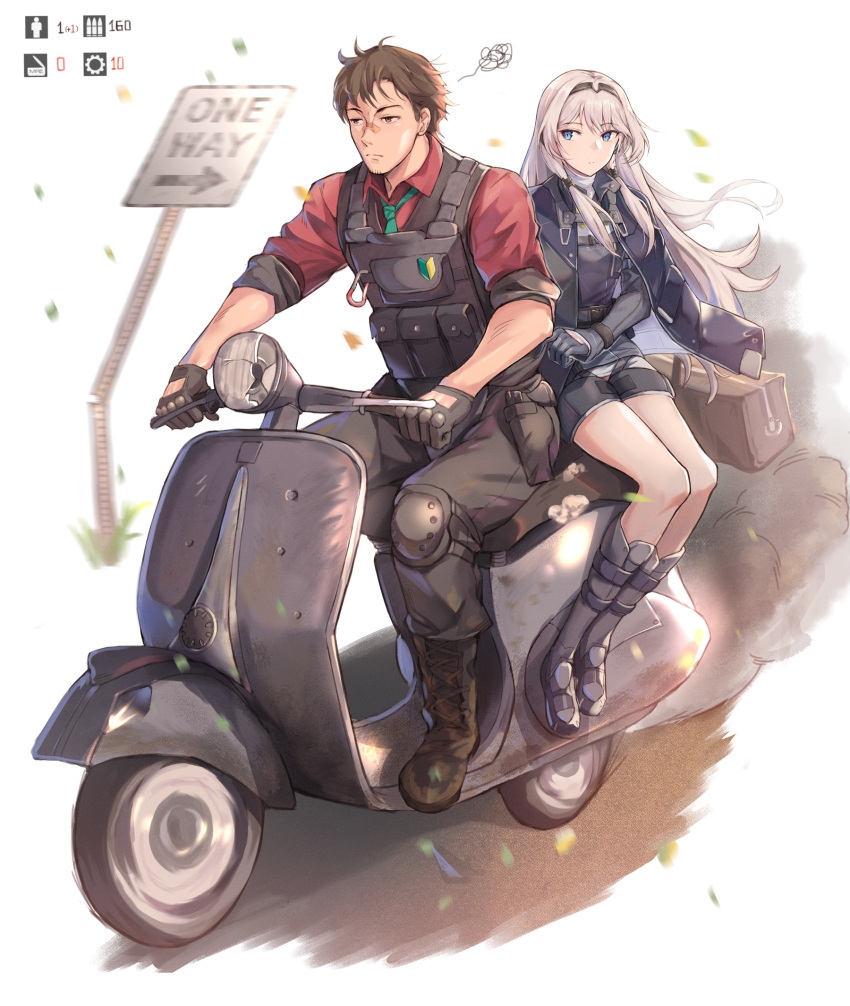 1boy 1girl an-94_(girls_frontline) bag bandaid bandaid_on_nose bangs black_gloves black_jacket black_pants blue_eyes boots brown_eyes brown_hair commander_(girls_frontline) driving english_commentary eyebrows_visible_through_hair girls_frontline gloves ground_vehicle gun hairband handgun highres holster holstered_weapon jacket knee_pads long_hair motor_vehicle necktie niac pants pistol pouch red_shirt road_sign scooter shirt short_hair short_shorts shorts sign silver_hair thigh_holster weapon