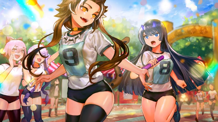 &gt;_&lt; 6+girls :d absurdres arm_up bangs black_buruma black_hair black_legwear blue_eyes blue_footwear blue_sky blurry blurry_background blush bow braid breasts brown_buruma brown_hair buruma character_request closed_eyes clouds cloudy_sky commentary_request copyright_request danann day depth_of_field eyebrows_visible_through_hair flower gym_shirt gym_uniform hair_between_eyes hair_bow hair_flower hair_ornament halo highres holding horns long_hair multicolored_hair multiple_girls open_mouth orange_eyes outdoors outstretched_arm parted_bangs pink_eyes pink_hair purple_hair rainbow red_bow relay_baton relay_race running shirt shoes short_hair sky small_breasts smile sports_festival streaked_hair tail tail_raised thigh-highs twin_braids twintails upper_teeth v-shaped_eyebrows very_long_hair white_flower white_hair white_shirt xd