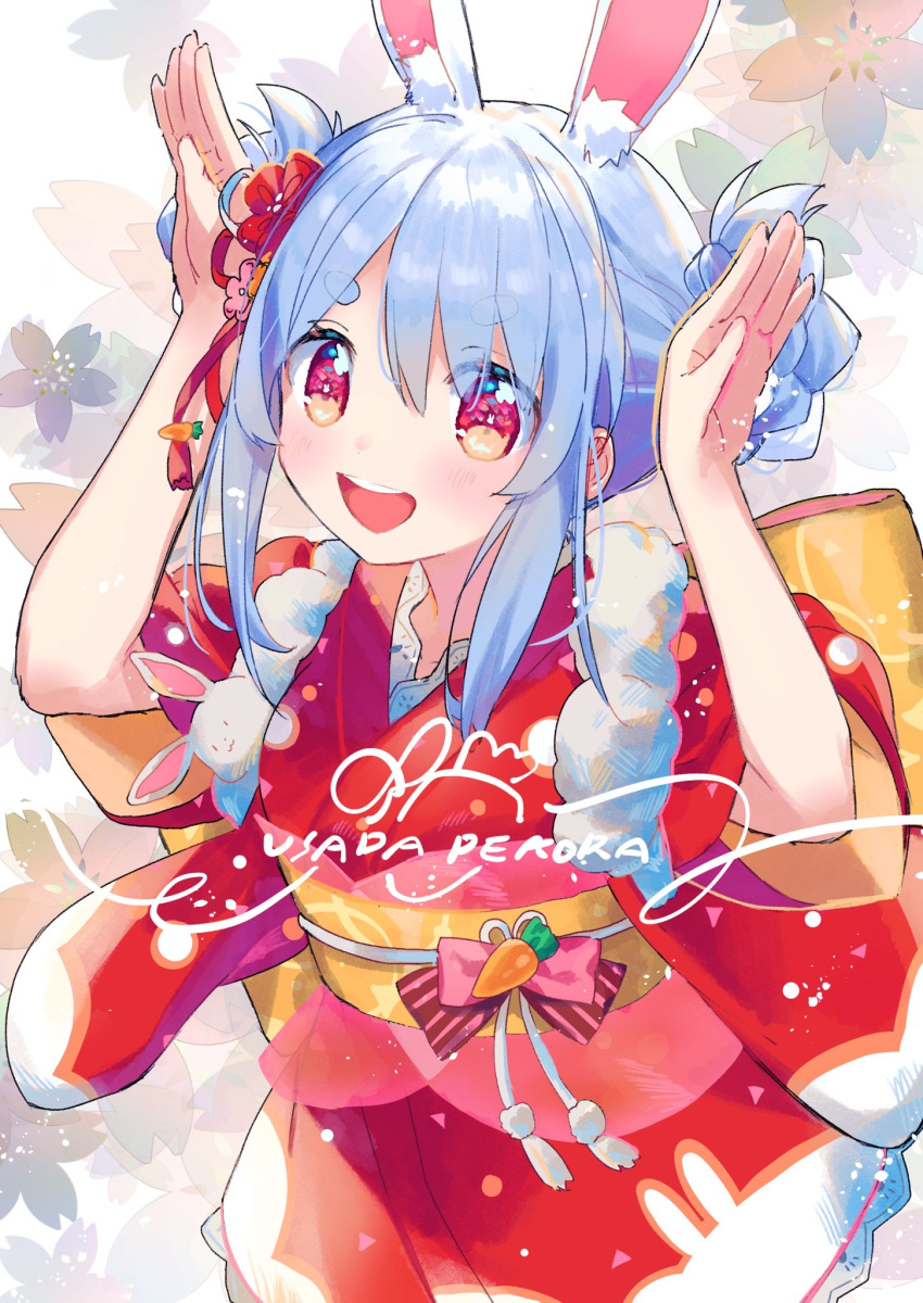 1girl :d animal_ear_fluff animal_ears arms_up bangs blue_hair blush bow bunny-shaped_pupils bunny_pose character_name commentary_request eyebrows_visible_through_hair floral_background hair_between_eyes hair_ornament hair_ribbon hair_up highres hololive japanese_clothes kimono obi open_mouth rabbit_ears red_eyes red_kimono red_ribbon ribbon sash short_eyebrows short_sleeves sidelocks smile solo striped striped_bow symbol-shaped_pupils thick_eyebrows upper_body upper_teeth usada_pekora virtual_youtuber zuho_(vega)