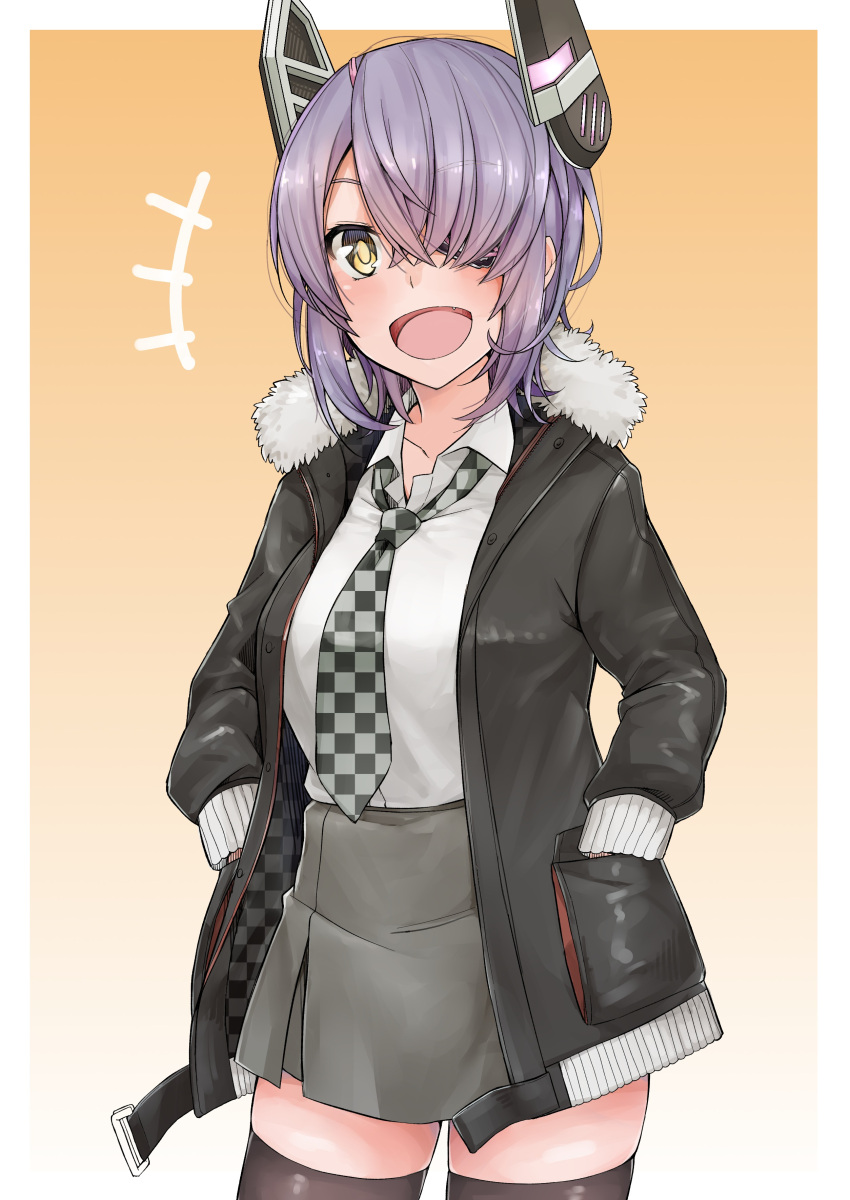 +++ 1girl absurdres alternate_costume black_jacket black_legwear blush breasts brown_eyes checkered checkered_neckwear collaboration collarbone collared_shirt eyebrows_visible_through_hair eyepatch fang fur-trimmed_jacket fur_trim grey_skirt hair_over_one_eye highres jacket kantai_collection kotobuki_(momoko_factory) large_breasts leather leather_jacket looking_at_viewer messy_hair necktie open_mouth purple_hair shirt short_hair skirt smile solo tadd_(tatd) tenryuu_(kantai_collection) thigh-highs white_shirt