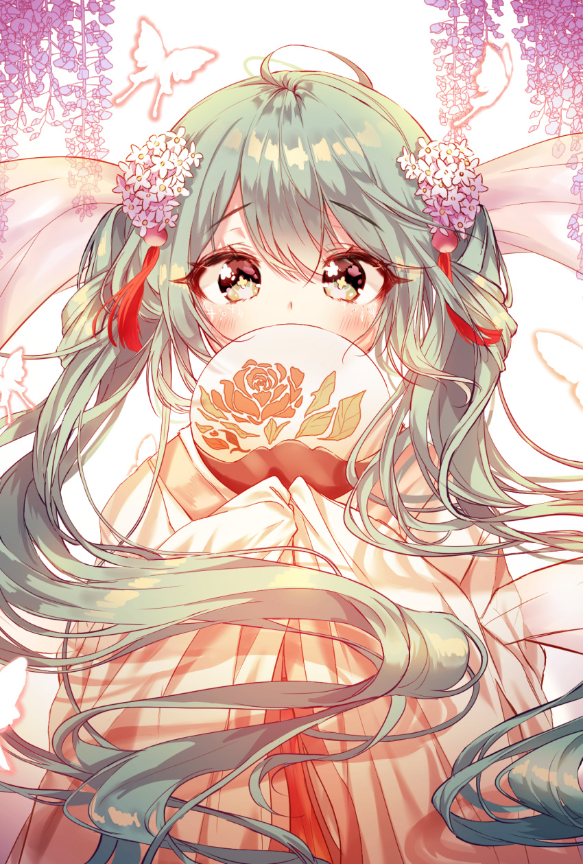 +_+ 1girl blush bug butterfly chuushuu_meigetsu_miku fan flower green_eyes green_hair hair_between_eyes hair_flower hair_ornament hatsune_miku highres insect iop5509 long_hair paper_fan solo twintails uchiwa upper_body very_long_hair vocaloid white_background wisteria