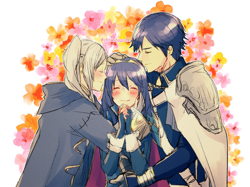 blue_hair blush cape chrom_(fire_emblem) closed_eyes family father_and_daughter fingerless_gloves fire_emblem fire_emblem_awakening gloves group_hug hand_on_another's_head happy highres hug lucina lucina_(fire_emblem) mother_and_daughter nishimura_(nianiamu) robin_(fire_emblem) robin_(fire_emblem)_(female) shoulder_armor silver_hair smile tiara upper_body