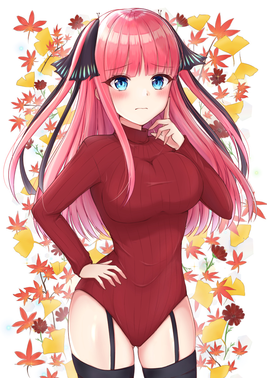 1girl absurdres ass_visible_through_thighs autumn autumn_leaves black_legwear black_ribbon blue_eyes blush breasts commentary_request eyebrows_visible_through_hair finger_to_cheek garter_belt go-toubun_no_hanayome hair_ribbon hand_on_hip highres large_breasts long_hair long_sleeves looking_at_viewer nakano_nino pink_hair red_sweater ribbon simple_background solo sweater thigh-highs thighs turtleneck_leotard white_background yukiunag1