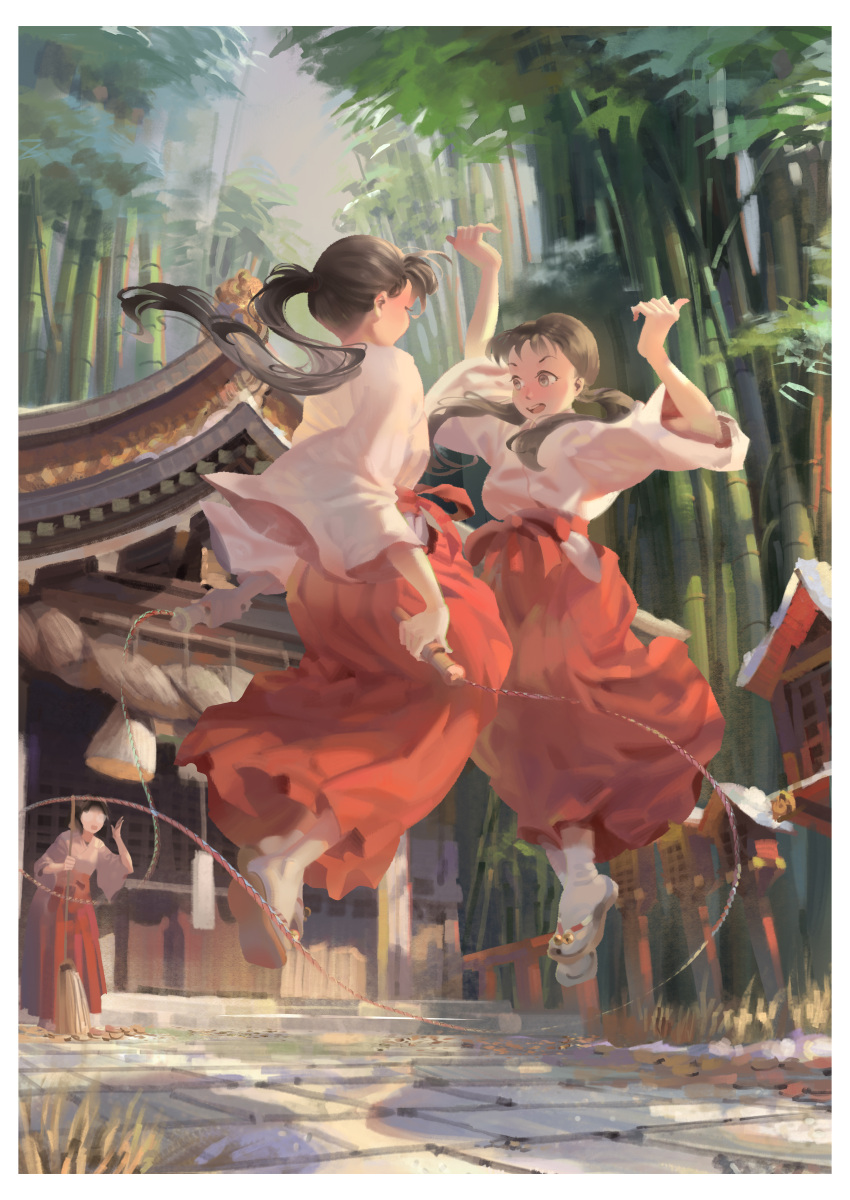 3girls :d absurdres architecture arms_up bamboo border broom brown_hair commentary_request day east_asian_architecture hakama highres holding holding_broom japanese_clothes jump_rope jumping lantern long_hair miko multiple_girls open_mouth original outdoors ponytail psi_(583278318) red_hakama rope sandals shimenawa shrine smile snow twintails white_border white_legwear wooden_lantern