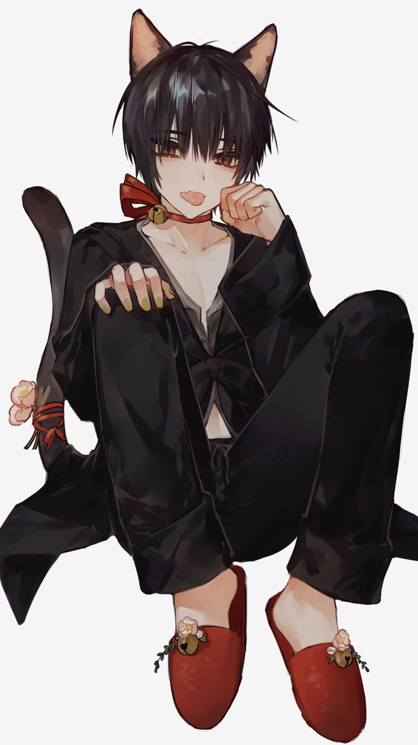 1boy absurdres agenasumiso51 animal_ears bell black_eyes black_hair catboy choker fangs flower highres looking_at_viewer nail_polish original pajamas red_choker ribbon ribbon_choker simple_background sitting slippers solo tail tongue tongue_out