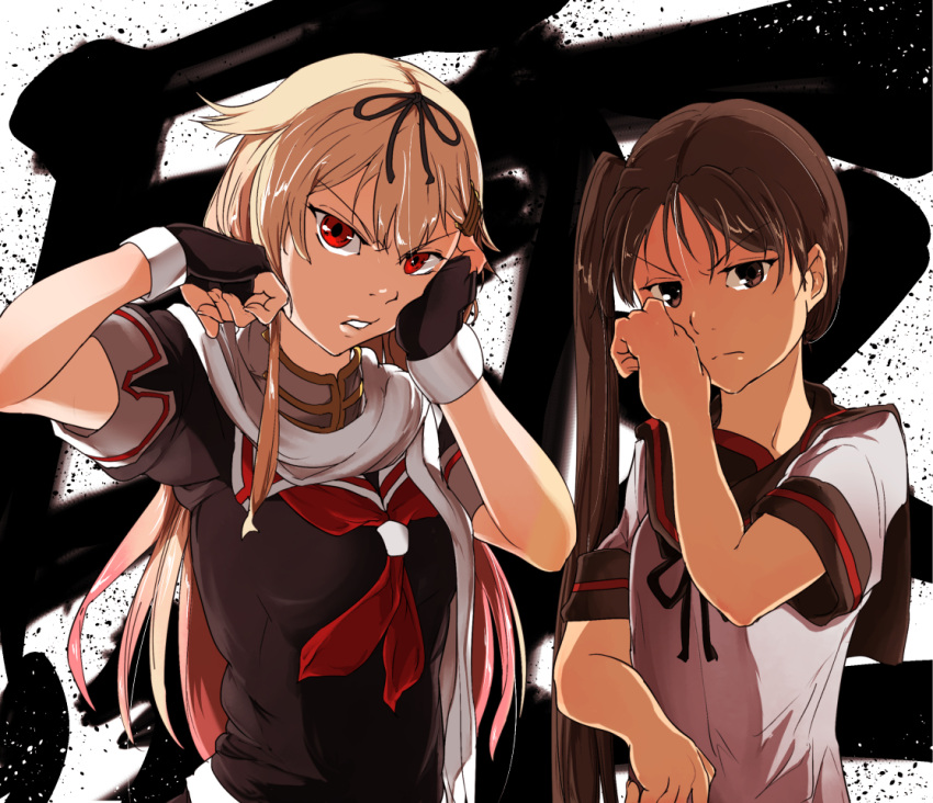 ayanami_(kantai_collection) black_serafuku blonde_hair brown_eyes brown_hair hair_flaps hair_ornament hair_ribbon kantai_collection long_hair maruse_nisanosuke multiple_girls ponytail red_eyes remodel_(kantai_collection) ribbon school_uniform serafuku side_ponytail skirt translation_request yuudachi_(kantai_collection)