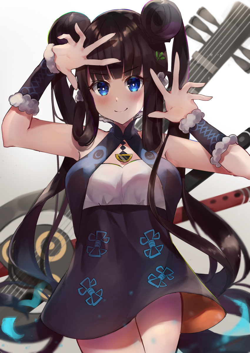1girl absurdres bangs bare_shoulders black_dress blue_eyes blunt_bangs blush breasts china_dress chinese_clothes closed_mouth detached_sleeves double_bun dress fate/grand_order fate_(series) flute gradient gradient_background hair_ornament hands_up highres instrument kyoro_ina large_breasts leaf_hair_ornament long_hair looking_at_viewer pipa_(instrument) purple_hair short_dress sidelocks smile solo thighs twintails very_long_hair yang_guifei_(fate/grand_order)