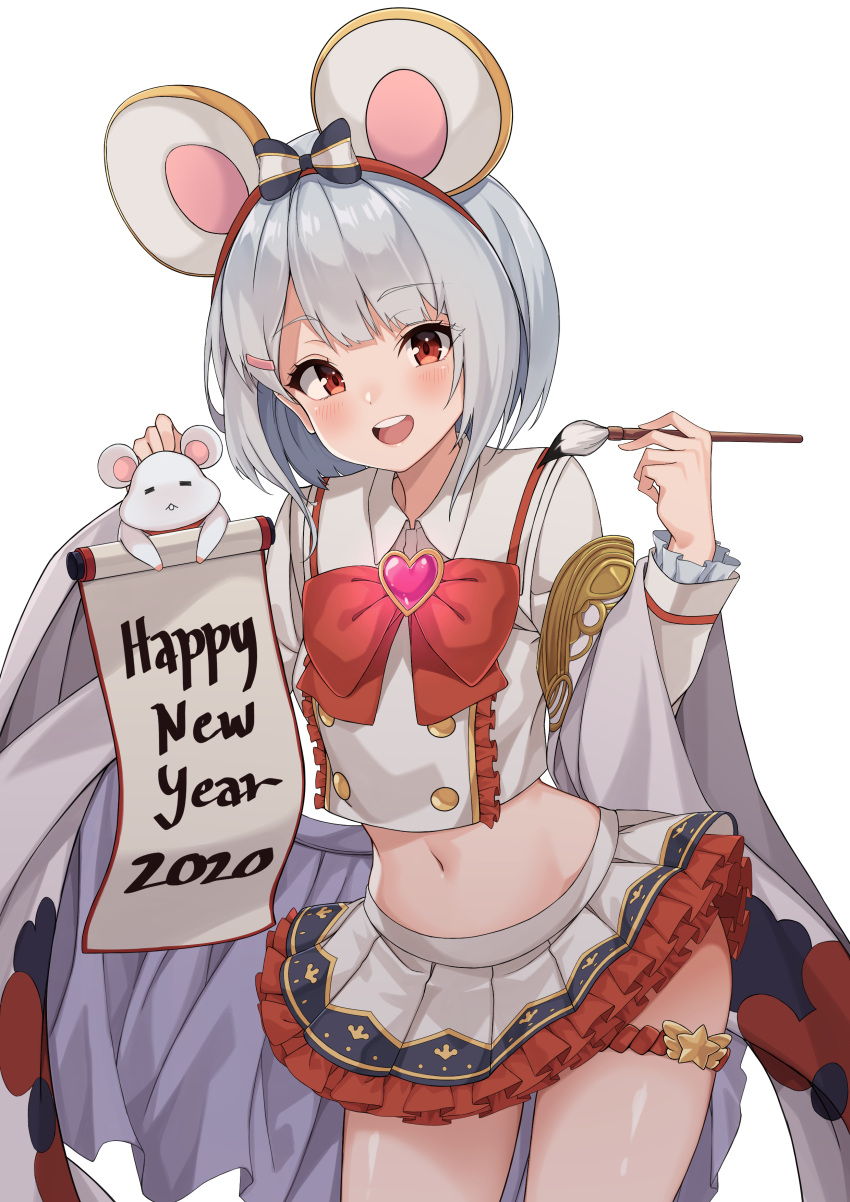 1girl 2020 absurdres animal_ears bow bowtie chinese_zodiac collared_shirt commentary cowboy_shot crop_top fake_animal_ears frilled_skirt frills granblue_fantasy grey_shirt grey_skirt hair_ornament hairband hairclip happy_new_year heart highres holding_brush looking_at_viewer midriff miniskirt navel new_year open_mouth pleated_skirt rat rat_ears red_eyes ryan_edian shirt short_hair silver_hair simple_background skirt smile solo thigh_strap vikala_(granblue_fantasy) white_background year_of_the_rat