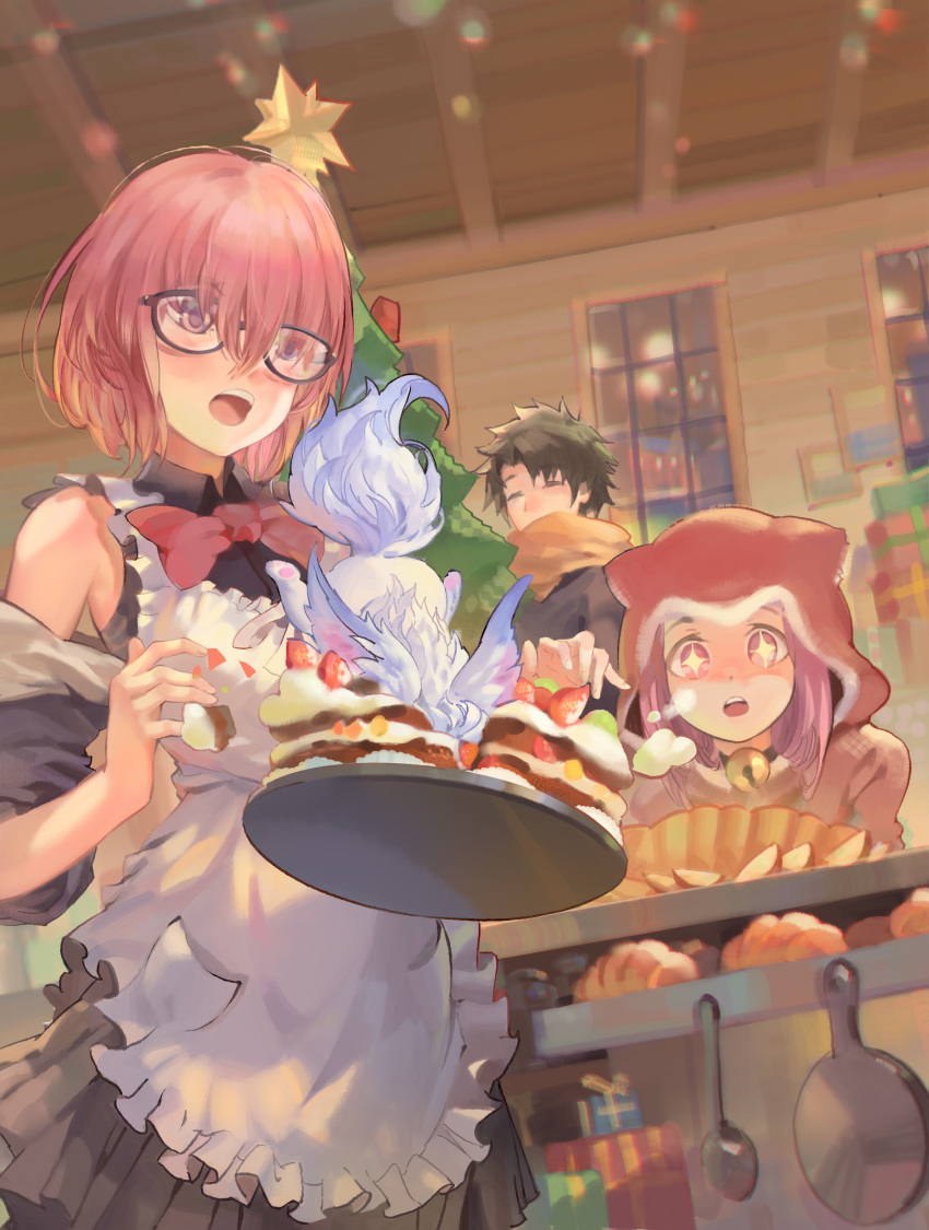 +_+ 1boy 2girls :o absurdres apron bangs bell bell_collar black-framed_eyewear black_dress black_hair bow bowtie cake character_request christmas christmas_tree chromatic_aberration closed_eyes collar commentary creature dress fate/grand_order fate_(series) food fujimaru_ritsuka_(male) gift glasses highres hood hood_up indoors mash_kyrielight multiple_girls open_mouth pink_hair psi_(583278318) red_bow red_neckwear scarf short_hair sweater violet_eyes white_apron
